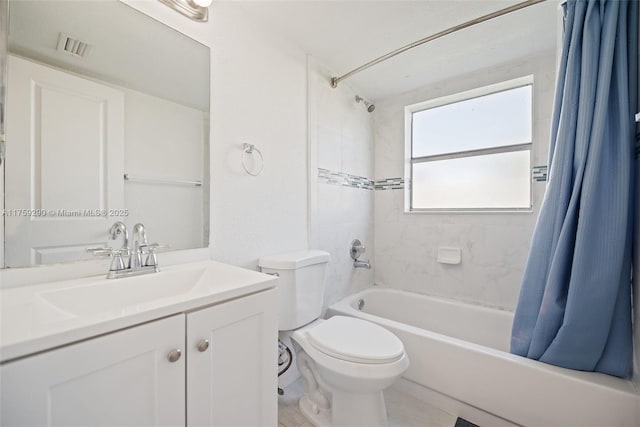 bathroom featuring visible vents, shower / bathtub combination with curtain, toilet, and vanity