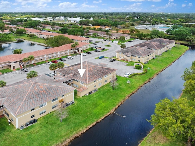 bird's eye view featuring a residential view and a water view