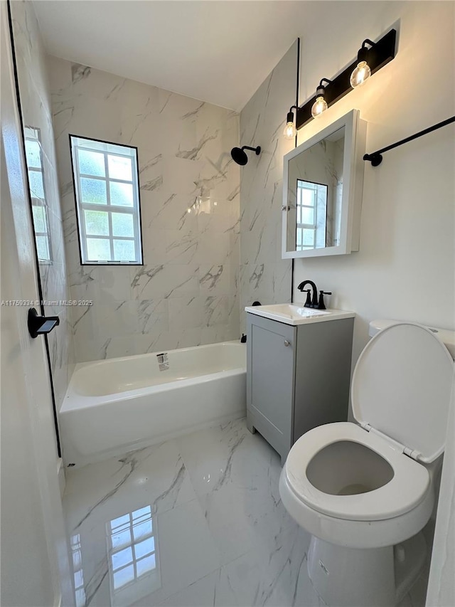 bathroom featuring shower / bathtub combination, marble finish floor, toilet, and vanity