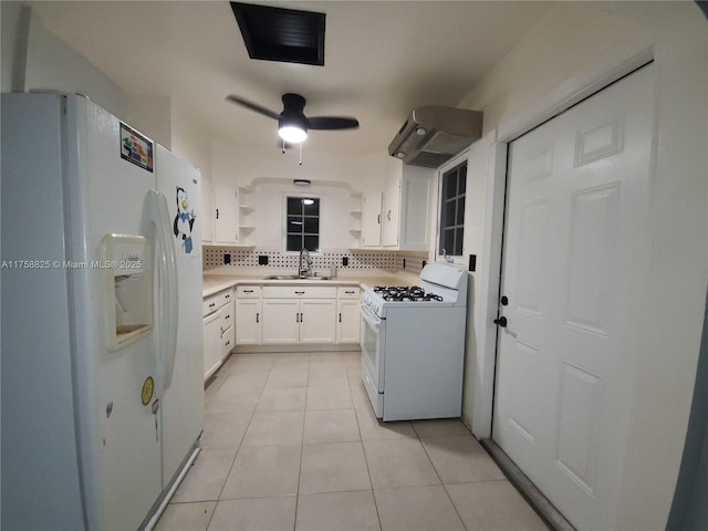 kitchen with open shelves, decorative backsplash, a sink, ventilation hood, and white appliances