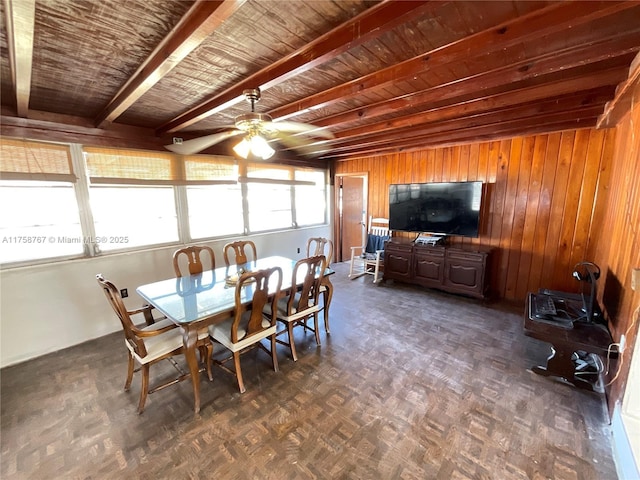 dining space with wooden ceiling, beamed ceiling, wood walls, and ceiling fan