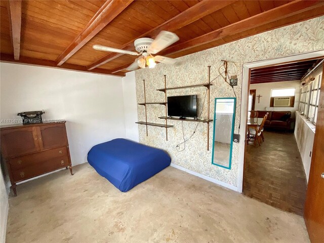 31 W 64th St, Hialeah, FL 33012 - bedroom featuring wooden ceiling, unfinished concrete flooring, baseboards, and beam ceiling