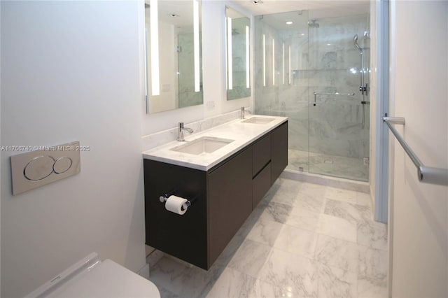 1451 Brickell Ave Unit 1201, Miami, FL 33131 - full bath featuring marble look tiles, a marble finish shower, and double vanity
