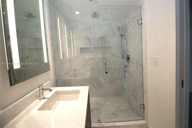 1451 Brickell Ave Unit 1201, Miami, FL 33131 - full bathroom featuring a marble finish shower, vanity, and recessed lighting