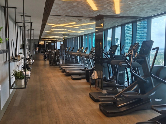 1451 Brickell Ave Unit 1201, Miami, FL 33131 - workout area featuring floor to ceiling windows and hardwood / wood-style floors