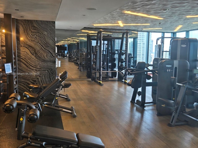 1451 Brickell Ave Unit 1201, Miami, FL 33131 - workout area featuring wood-type flooring and expansive windows