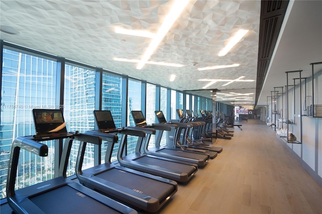 1451 Brickell Ave Unit 1201, Miami, FL 33131 - gym with floor to ceiling windows, wood finished floors, and healthy amount of natural light