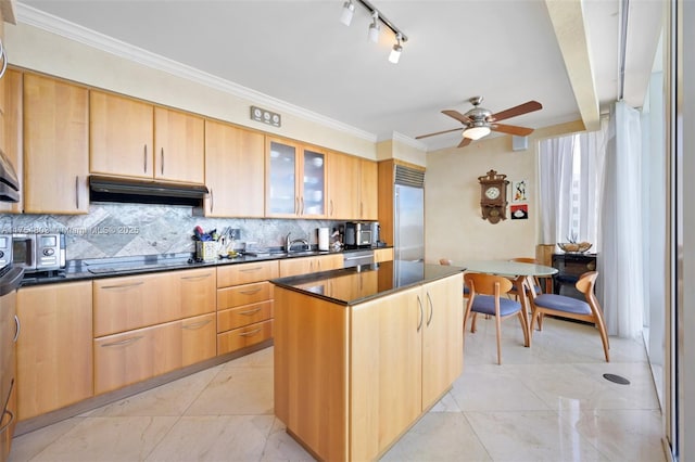 kitchen with crown molding, black electric stovetop, tasteful backsplash, dark countertops, and under cabinet range hood