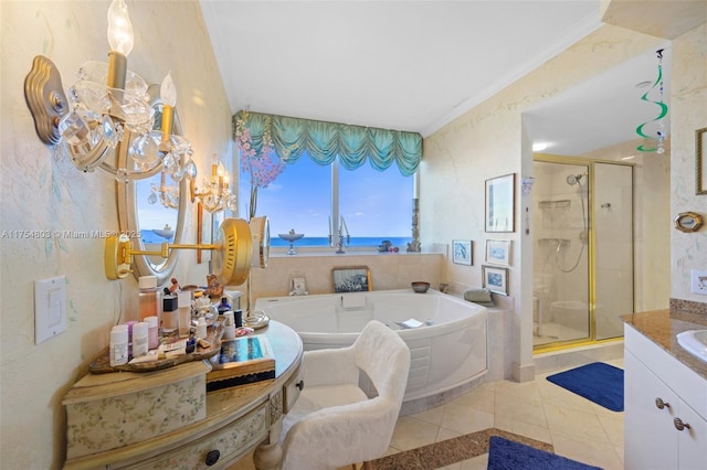 bathroom featuring a garden tub, ornamental molding, vanity, a shower stall, and tile patterned floors