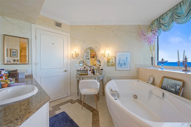 bathroom featuring visible vents, a whirlpool tub, a sink, crown molding, and two vanities