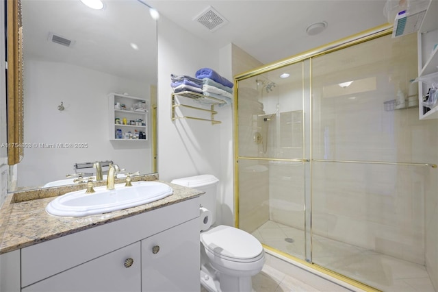 full bathroom featuring toilet, vanity, a shower stall, and visible vents