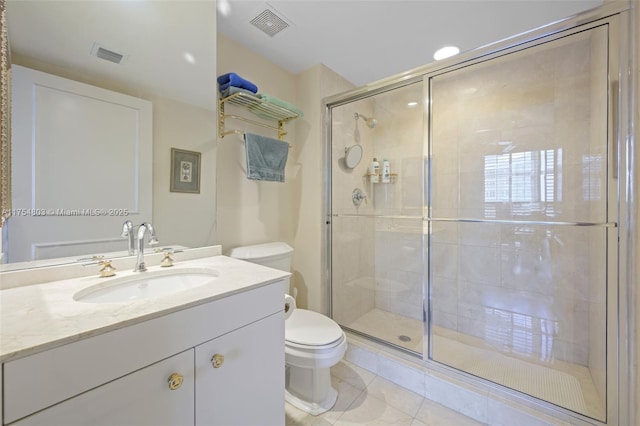 full bathroom featuring visible vents, a shower stall, and toilet