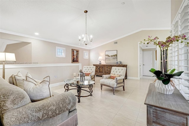 living area with a chandelier, baseboards, lofted ceiling, and crown molding