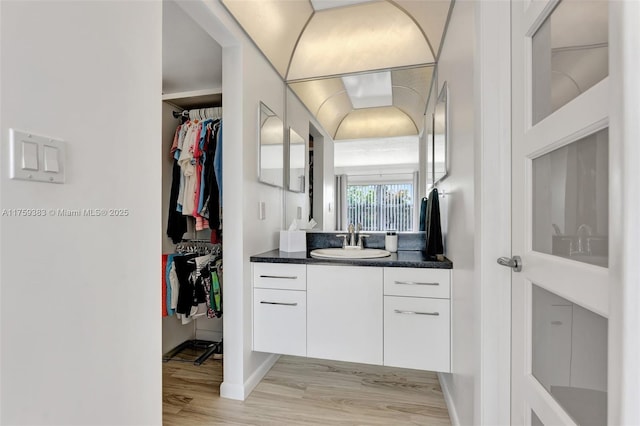 bathroom featuring a walk in closet, wood finished floors, and vanity