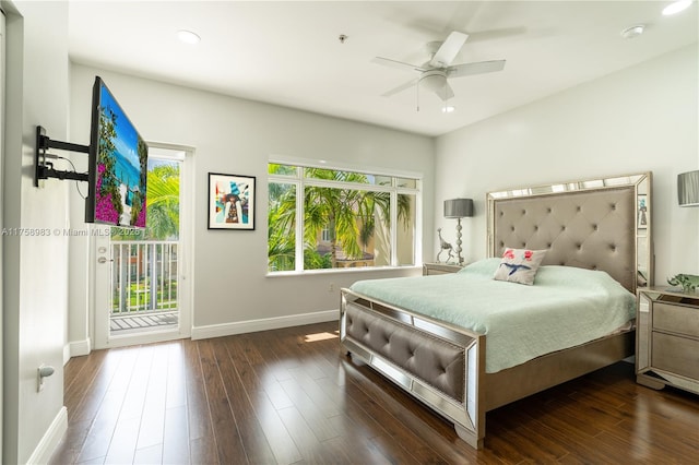 bedroom with dark wood finished floors, recessed lighting, ceiling fan, access to outside, and baseboards