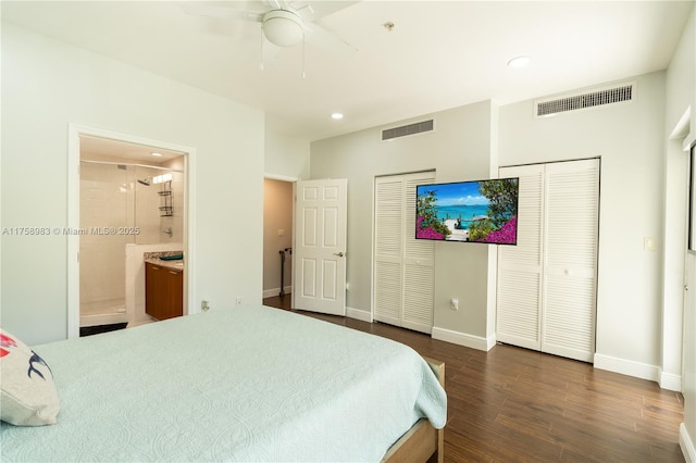 bedroom featuring dark wood-type flooring, recessed lighting, visible vents, and baseboards