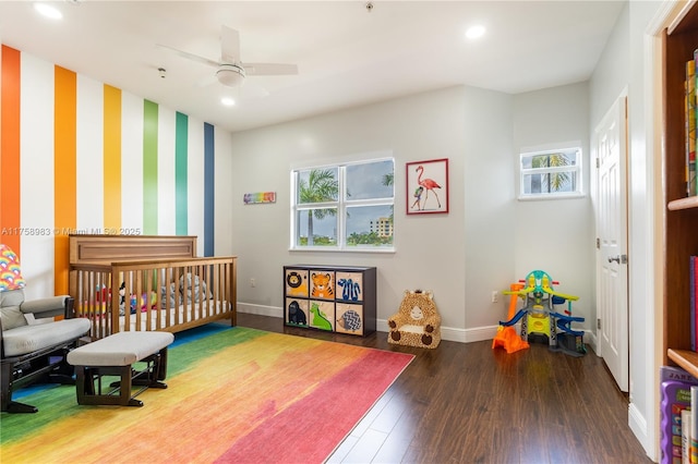 bedroom with ceiling fan, baseboards, wood finished floors, and recessed lighting