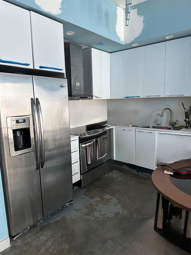 kitchen with range with electric stovetop, stainless steel refrigerator with ice dispenser, light countertops, a sink, and wall chimney exhaust hood