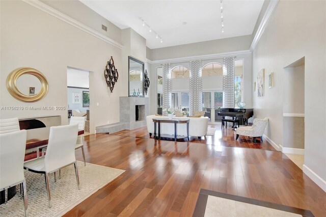12200 SW 2nd St, Plantation, FL 33325 - living room with a fireplace, rail lighting, wood finished floors, and healthy amount of natural light