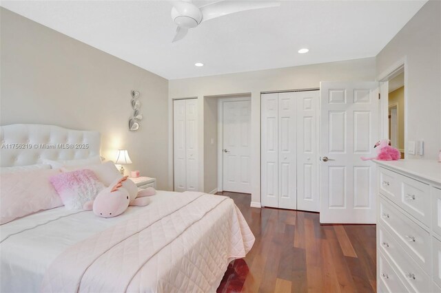 12200 SW 2nd St, Plantation, FL 33325 - bedroom featuring two closets, dark wood finished floors, and recessed lighting