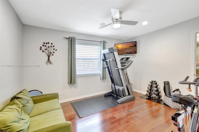 12200 SW 2nd St, Plantation, FL 33325 - workout room featuring ceiling fan, wood finished floors, baseboards, and recessed lighting