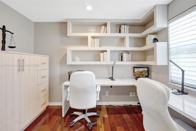 office featuring dark wood finished floors, healthy amount of natural light, recessed lighting, and baseboards