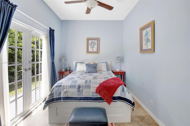 bedroom with french doors, baseboards, and ceiling fan