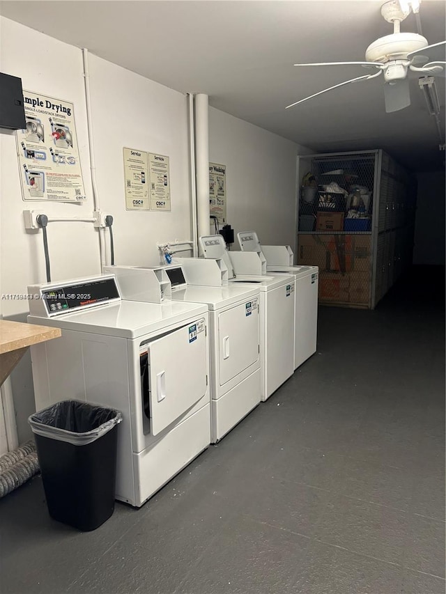 shared laundry area with ceiling fan and washing machine and clothes dryer