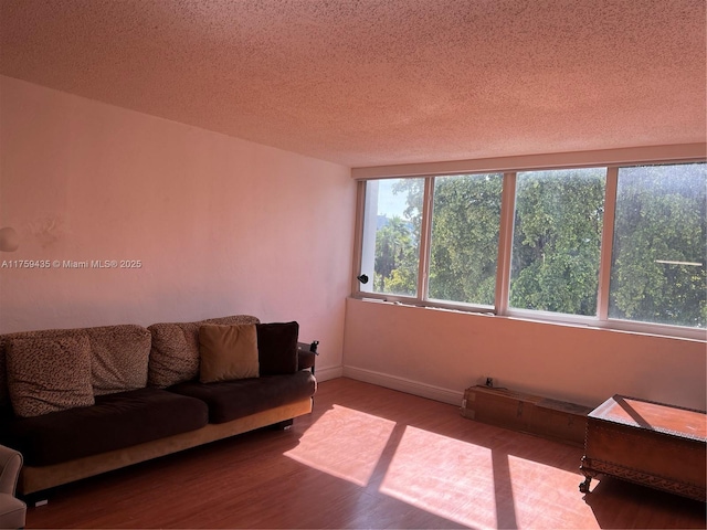 living room featuring a textured ceiling, baseboards, and wood finished floors