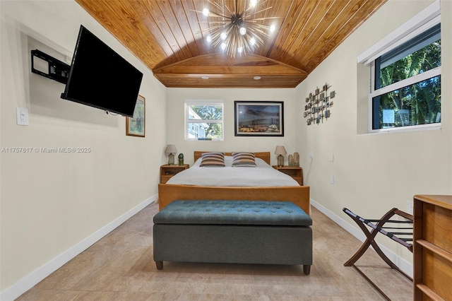 bedroom with a chandelier, wooden ceiling, and baseboards