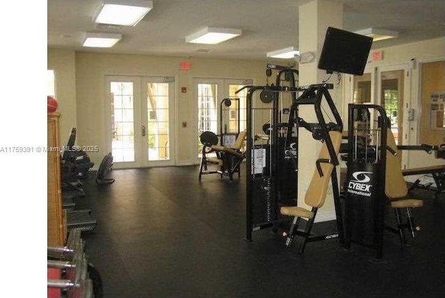 workout area featuring french doors