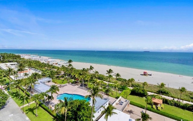 drone / aerial view with a water view and a view of the beach