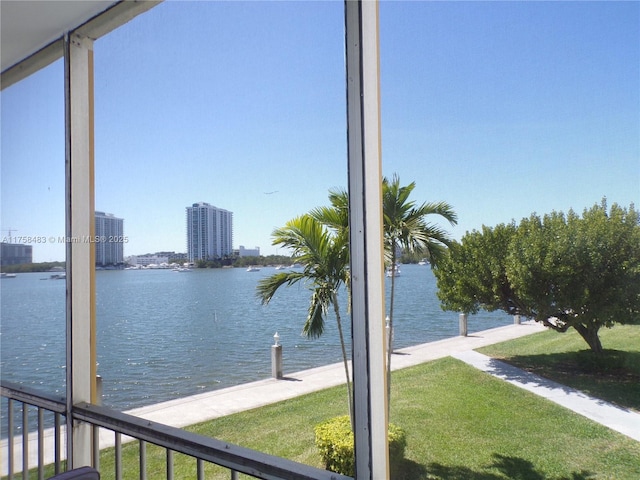 view of water feature with a city view