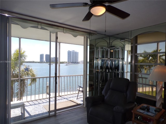 sunroom with a water view