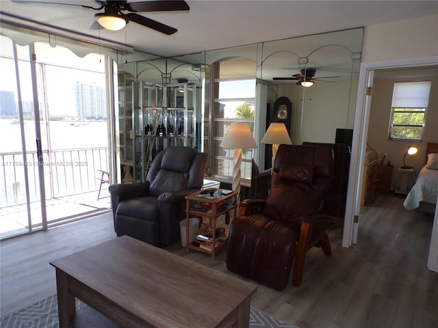 living room with a ceiling fan and wood finished floors