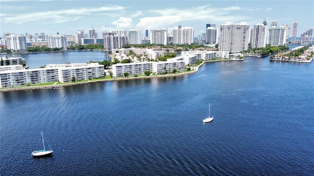 drone / aerial view featuring a water view and a view of city