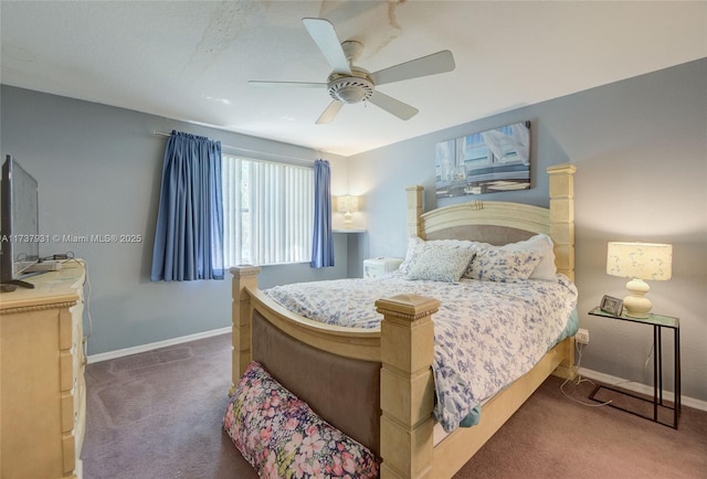 carpeted bedroom featuring a ceiling fan and baseboards