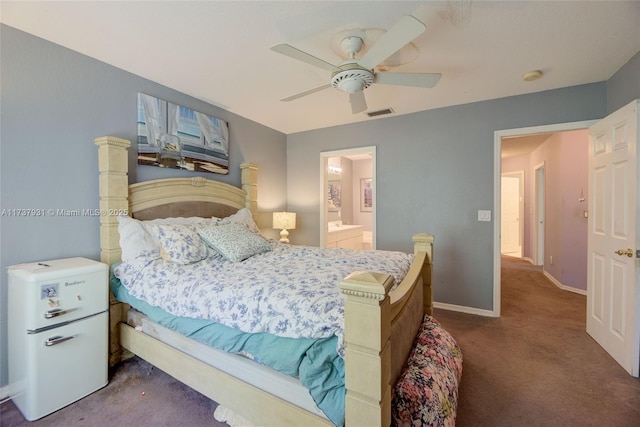 bedroom featuring ceiling fan, connected bathroom, visible vents, baseboards, and carpet