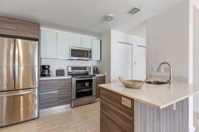 kitchen featuring light countertops, visible vents, appliances with stainless steel finishes, a sink, and modern cabinets