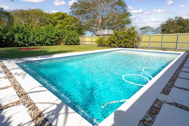 view of pool with a fenced in pool, a fenced backyard, and a lawn