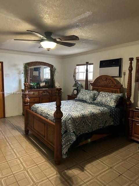 bedroom featuring a textured ceiling, a ceiling fan, and crown molding