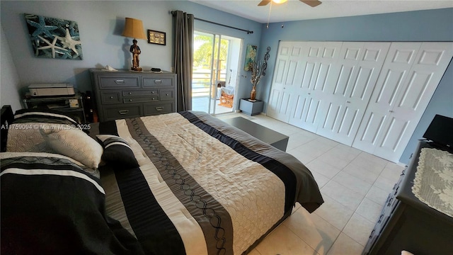 bedroom featuring ceiling fan and light tile patterned flooring