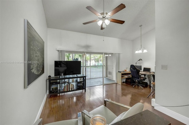 living area with high vaulted ceiling, ceiling fan, baseboards, and wood finished floors