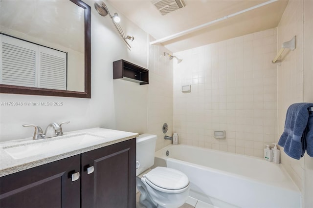 bathroom with toilet, shower / bath combination, visible vents, and vanity