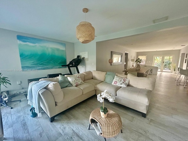 living room featuring french doors and wood finished floors