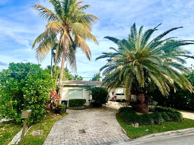 obstructed view of property with decorative driveway and stucco siding