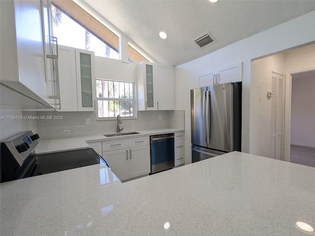 kitchen featuring lofted ceiling, stainless steel appliances, a sink, visible vents, and glass insert cabinets