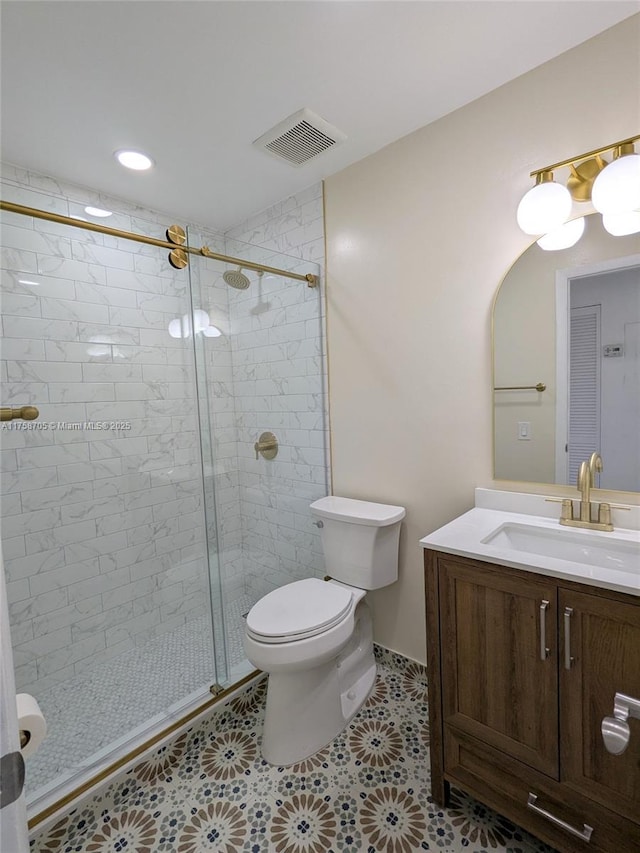 full bathroom with tile patterned flooring, toilet, vanity, visible vents, and a shower stall