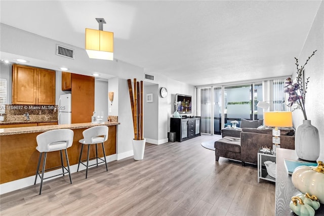 living area with light wood-type flooring, visible vents, and baseboards