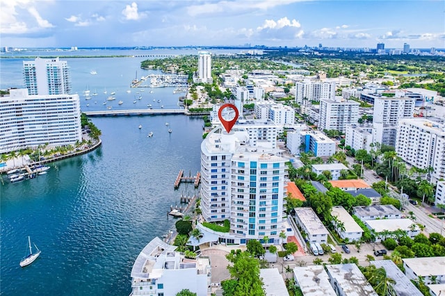 drone / aerial view with a city view and a water view